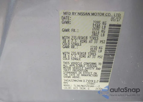 2017 Nissan Murano S z USA, uszkodzony, nr VIN 5N1AZ2MH2HN170912